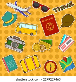 Travel Stickers.  Ticket, Passport, Travel Book, Sheet, Plane, Car, Glasses, Compass, Luggage, Hat, Camera, Money. Doodle Vector Illustration.