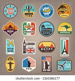 Travel Stickers. Vacation Badges Or Logos For Travelers Vector Retro Pictures. Illustration Of Travel Vacation Sticker Badge India And Mexico, London And Italy