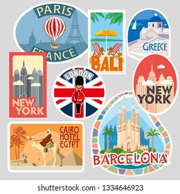 Travel stickers. Various world cities and resorts. Vector illustration