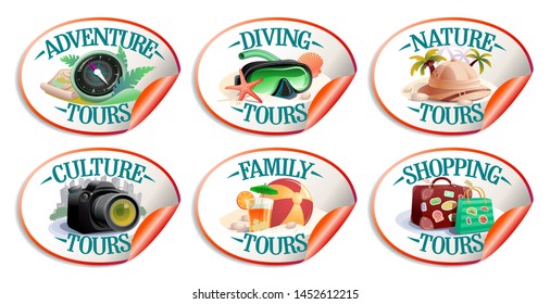 Travel stickers vector collection - nature tours, culture, family, diving, shopping tours and adventure tours