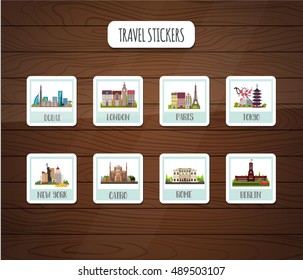 Travel stickers. Vector illustration. Famous cities: Dubai, London, Paris, Tokyo, New York, Cairo, Rome, Berlin.