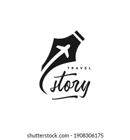 Travel Story Logo Illustration Plane and Nib Pen Symbol