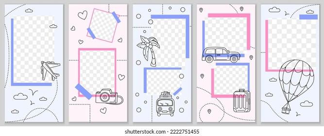 Travel story template. Doodle summer tourism. Sketch brand post layout. Vacation plane flight and car journey banner. Beach rest. Photo transparent frames. Vector blog backgrounds set