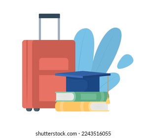 Viaje para estudiar objeto vector de color semiplano. Elementos editables. Artículos de tamaño completo en blanco. Educación internacional simple ilustración de estilo de caricatura para diseño gráfico web y animación