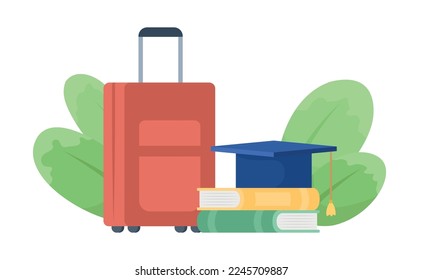 Viaje para estudiar objetos vectoriales de color semiplano. Elemento editable. Artículo en blanco. Graduación extranjera. Educación internacional simple ilustración de estilo de caricatura para diseño gráfico web y animación