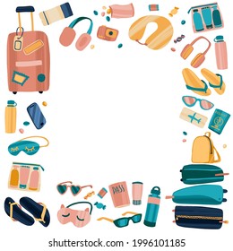 Travel stuff and accessories illustration. Sunglasses, luggage, headphones, tickets and flip flops in trendy flat style with dry brush texture. Vector frame border posters, advertisement or web.