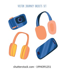 Travel stuff and accessories set. Camera, cell phone and headphones in trendy flat style with dry brush texture. Vector colorful illustration for cards, leaflets or banners on white background.