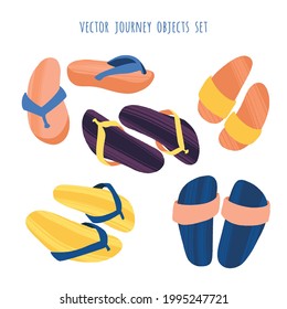 Travel stuff and accessories set. Several flip flops in trendy flat style with dry brush texture. Vector colorful illustration for cards, leaflets or banners on white background.