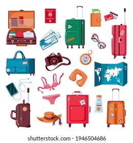 Travel stuff. Cartoon luggage, clothes, map, camera, passport and airplane tickets. Packed suitcase. Summer vacation accessories vector set. Illustration suitcase bag, clothes stuff for travel