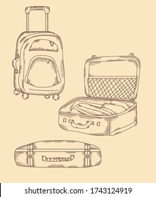 Travel stuff. Different types of suitcase, open, closed, stands on wheels. Vacation Hand drawn vector set, strokes, vintage. All elements are isolated.