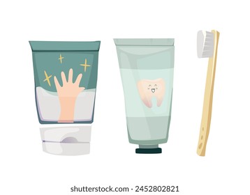 Reisen Zeug. Handgezeichnete Kollektion von Reisehygieneprodukten für Reise und Urlaub. Aufkleber mit Zahnbürste und Handcreme. Cartoon flache Vektorillustration isoliert auf weißem Hintergrund