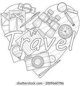 Travel stuff. Heart-shaped layout.Coloring book antistress for children and adults. Illustration isolated on white background.Zen-tangle style. 