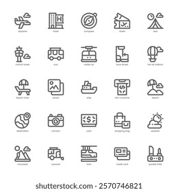 Travel Stuff Icon pack for your website, mobile, presentation, and logo design. Travel Stuff Icon outline design. Vector graphics illustration and editable stroke.