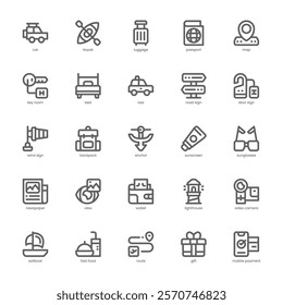 Travel Stuff Icon pack for your website, mobile, presentation, and logo design. Travel Stuff Icon outline design. Vector graphics illustration and editable stroke.