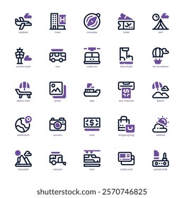 Travel Stuff Icon pack for your website, mobile, presentation, and logo design. Travel Stuff Icon dual tone design. Vector graphics illustration and editable stroke.