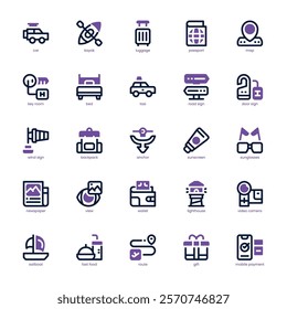 Travel Stuff Icon pack for your website, mobile, presentation, and logo design. Travel Stuff Icon dual tone design. Vector graphics illustration and editable stroke.