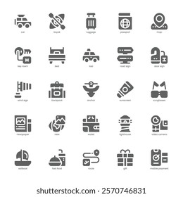 Travel Stuff Icon pack for your website, mobile, presentation, and logo design. Travel Stuff Icon glyph design. Vector graphics illustration and editable stroke.