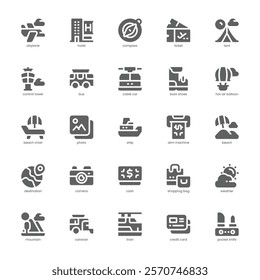 Travel Stuff Icon pack for your website, mobile, presentation, and logo design. Travel Stuff Icon glyph design. Vector graphics illustration and editable stroke.