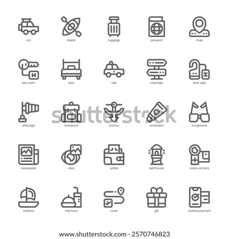 Travel Stuff Icon pack for your website, mobile, presentation, and logo design. Travel Stuff Icon outline design. Vector graphics illustration and editable stroke.