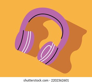 Travel stuff icon. Sticker with pink modern headphones for listening to music. Gadget for playing sound. Design element for print. Cartoon flat vector illustration isolated on yellow background