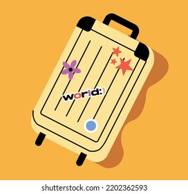 Travel stuff icon. Sticker with suitcase or luggage for trip abroad or vacation at sea. Rest and relaxation. Design element for print. Cartoon flat vector illustration isolated on yellow background