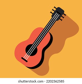 Travel stuff icon. Sticker with wooden ukulele or guitar with strings. Musical instrument for playing. Design element for print. Cartoon flat vector illustration isolated on yellow background