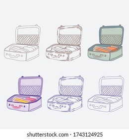 Travel stuff. Opened suitcase with things. Different design options - contour, shading, vintage, contour and color. Vector illustration