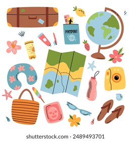 Travel stuff set. Vacation accessories for summer holidays. Female items. Tourists objects bundle, suitcases, bags, bikini, map. Flat vector illustrations isolated on white background.