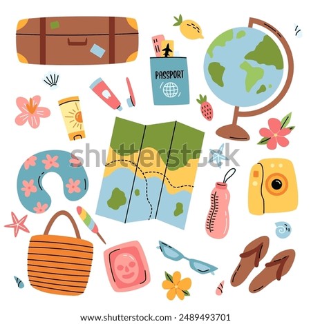 Travel stuff set. Vacation accessories for summer holidays. Female items. Tourists objects bundle, suitcases, bags, bikini, map. Flat vector illustrations isolated on white background.