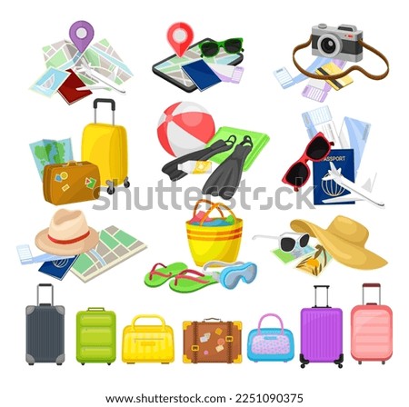 Travel Stuff with Suitcase and Accessories with Map, Camera, Passport and Hat Big Vector Set