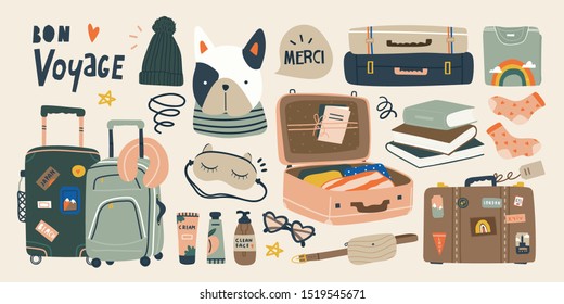 Travel stuff. Various luggage bags, suitcases, cosmetics, clothes. Vacation, holiday. Hand drawn vector set. Colorful trendy illustration. Cartoon style. Flat design. All elements are isolated