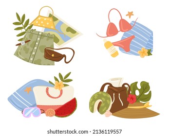 Travel stuff. Various luggage bags, suitcases, cosmetics, clothes. Collection of items for vacation or journey decorated by tropical leaves, shells and flowers isolated