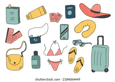 Travel stuff vector illustration set. Collection of items for vacation or journey.