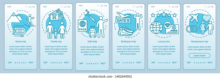Travel styles onboarding mobile app page screen vector template. Solo trip. Luxury and multisport tour. Walkthrough website steps with linear illustrations. UX, UI, GUI smartphone interface concept