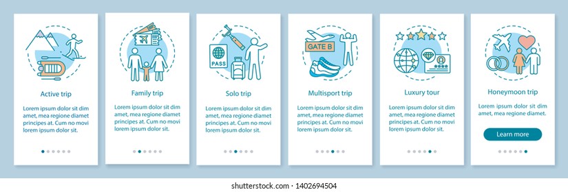 Travel styles onboarding mobile app page screen with linear concepts. Luxury and multisport tour. Solo trip. Six walkthrough steps graphic instructions. UX, UI, GUI vector template with illustrations