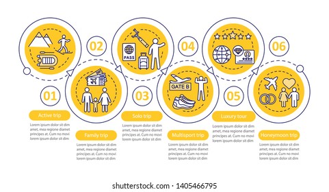 Travel styles vector infographic template. Luxury tour. Business presentation design elements. Data visualization with six steps and options. Process timeline chart. Workflow layout with linear icons