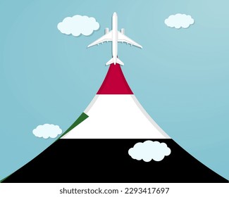Travel to Sudan by flight, destination concept, vacation in Sudan, plane vector design, paper cut effect with blue sky and airplane, summer trip idea, country tourism banner