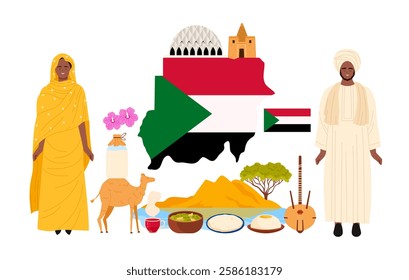 Travel to Sudan, infographic collage poster of tourism. Sudanese cuisine, man and woman in traditional costumes, country map with flag pattern, nature and landmarks cartoon vector illustration