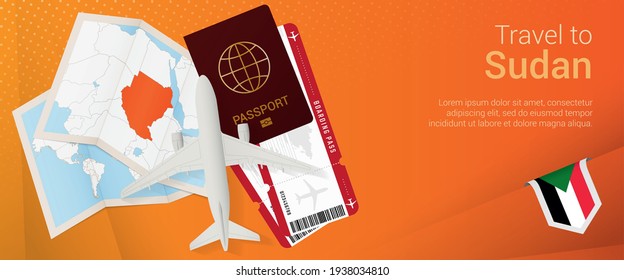 Travel to Sudan pop-under banner. Trip banner with passport, tickets, airplane, boarding pass, map and flag of Sudan. Vector template.
