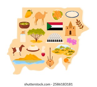 Travel to Sudan set, culture and food, animal and nature stickers on infographic stylized map. Sand dunes and savanna landscape with acacia trees, tambur, Nubian pyramids cartoon vector illustration