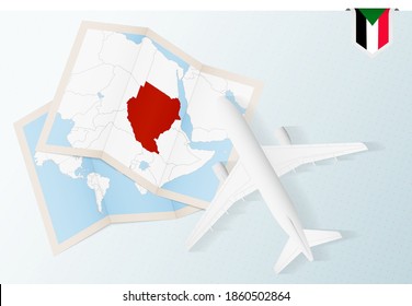 Travel to Sudan, top view airplane with map and flag of Sudan. Travel and tourism banner design.