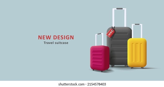 Travel suitcase 3d illustration, render style luggage bags of different size. Vector illustration