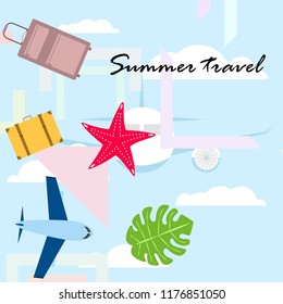 travel suitcase aircraft starfish tropical plant e