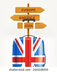Maleta de viaje con bandera y puntero estadounidense con nombres de continentes. Banner vectorial 3d con espacio de copia