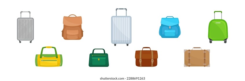maleta de viaje con mochila y bolso como equipaje empaquetado para conjunto de vectores de viaje