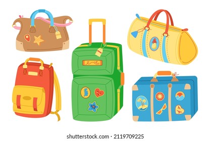 Travel suitcase bag cartoon line drawn set. Luggage simple journey vacation, tourism shopping. Baggage and sticker for airplane, trip backpack for student, traveller hiking. Vector illustration