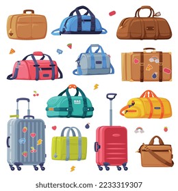 Travel Suitcase, Bag and Trunk as Packed Luggage for Traveling Vector Set