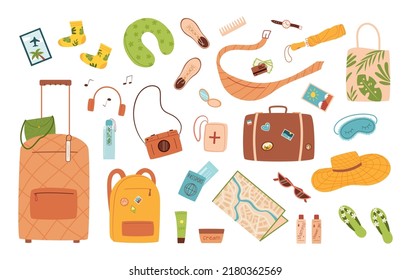 Travel suitcase bag. Vintage voyage luggage and tourism accessories. Trip vacation icons. Summer clothes set. Beach resort. Tourist baggage. Passport and tickets. Vector illustration