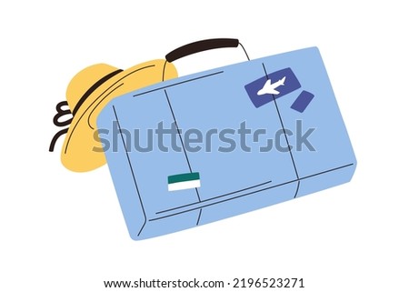 Travel suitcase, baggage and summer hat. Vintage valise with stickers, luggage and sunhat for vacation trip, voyage. Trendy retro briefcase. Flat vector illustration isolated on white background