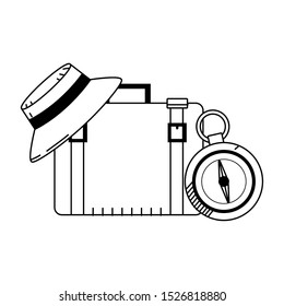 travel suitcase with beach hat and compass icon over white background, black and white design. vector illustration